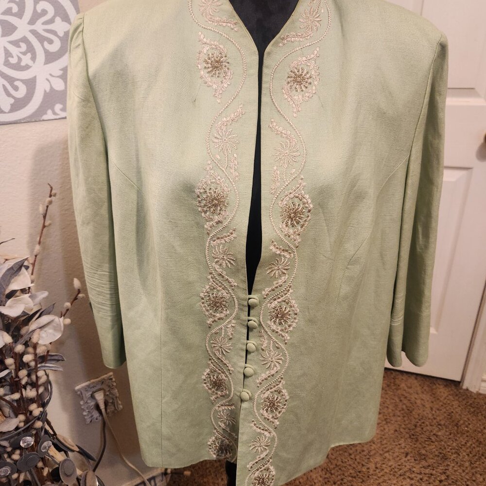 Beautiful Lime Green Jessica Howard Woman Embroidered Linen Blend Jacket Size 16 - Picture 10 of 14